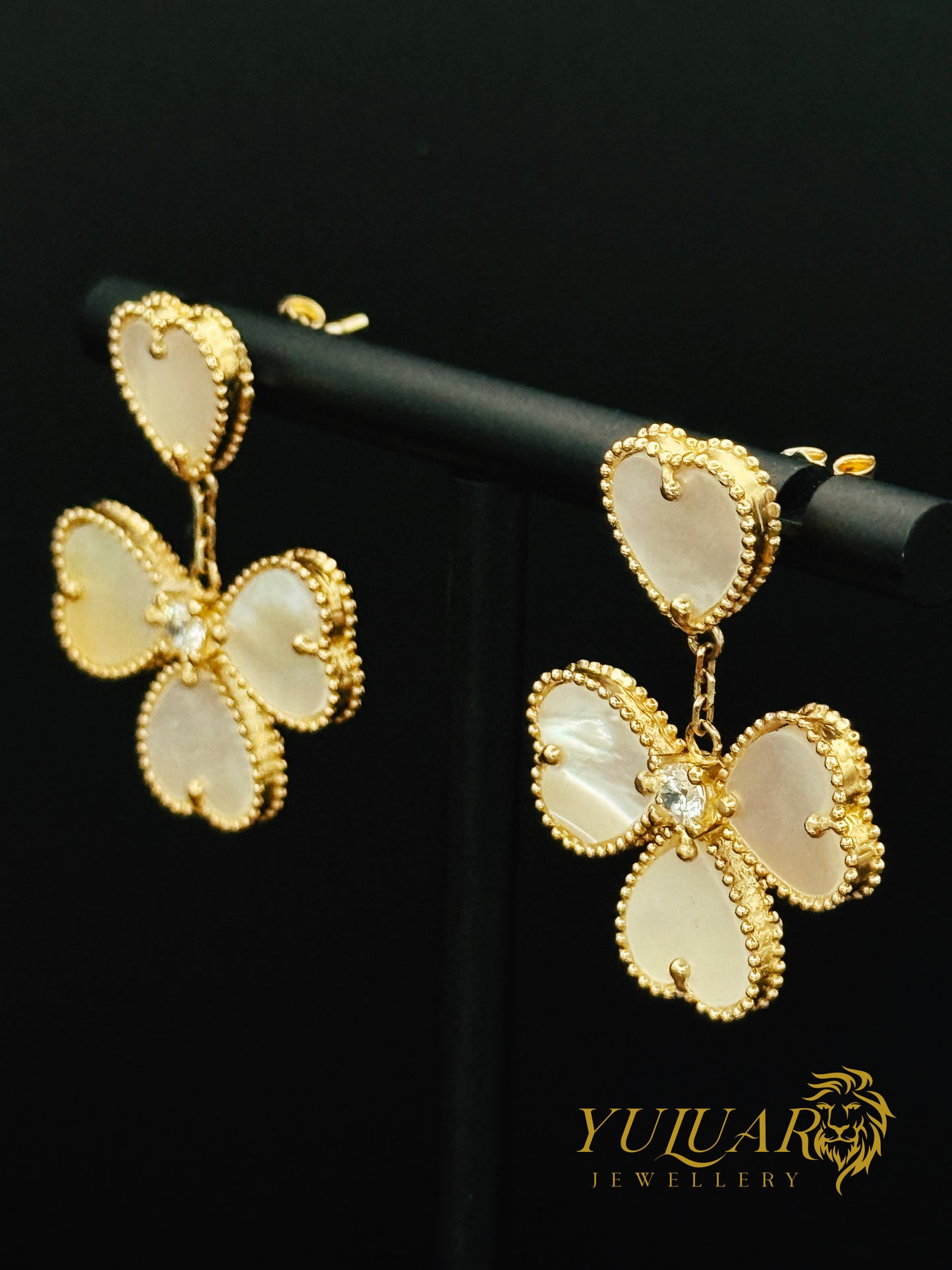 14K Gold Earrings with Natural Mother of Pearl – Heart Clover Design