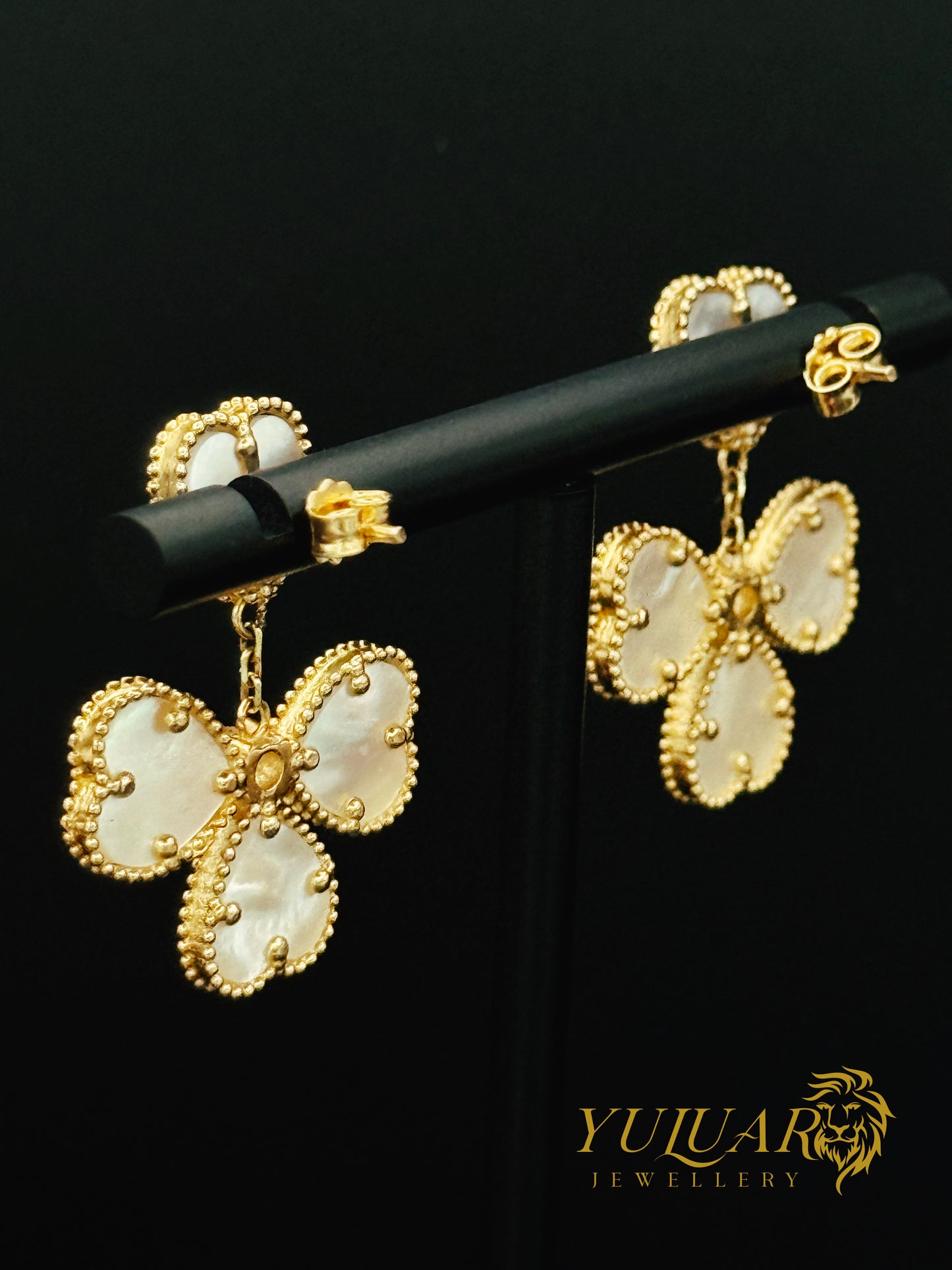 14K Gold Earrings with Natural Mother of Pearl – Heart Clover Design