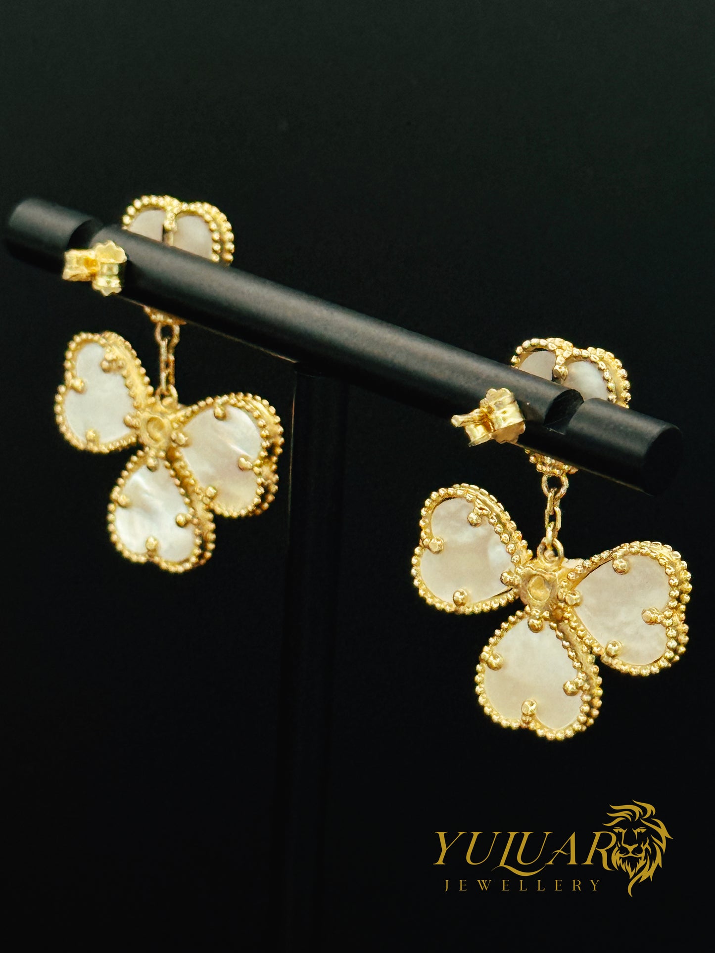 14K Gold Earrings with Natural Mother of Pearl – Heart Clover Design