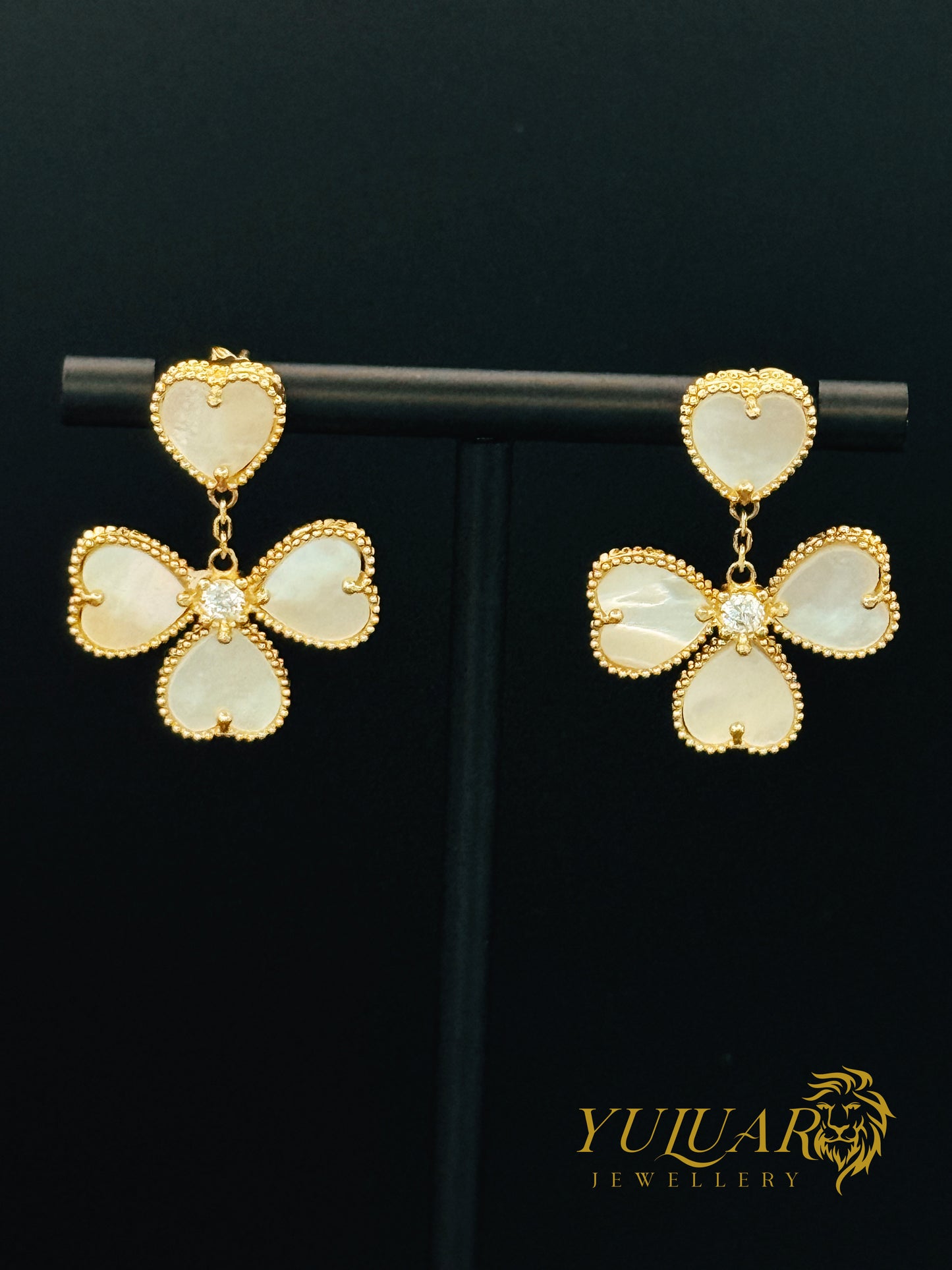 14K Gold Earrings with Natural Mother of Pearl – Heart Clover Design