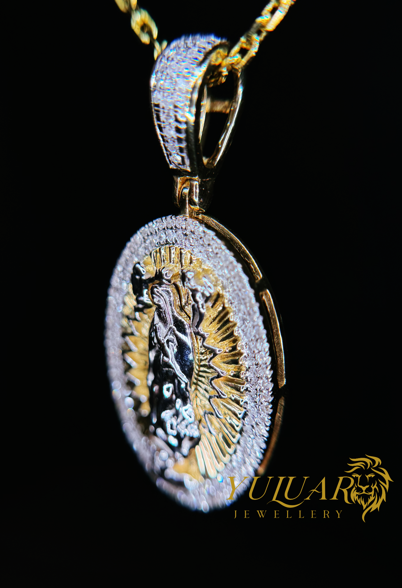 14K VIRGIN MARY O.32 CTS NATURAL DIAMOND PENDANT