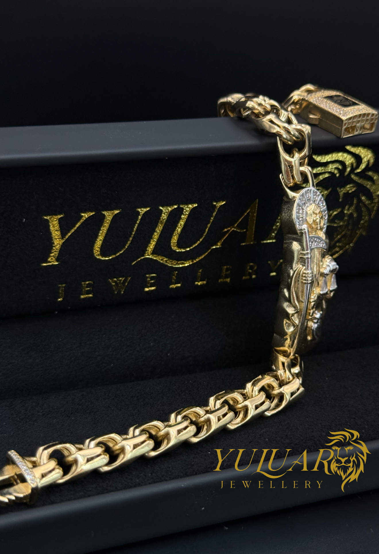 Men's 14K Chino Link Santa Muerte Bracelet
