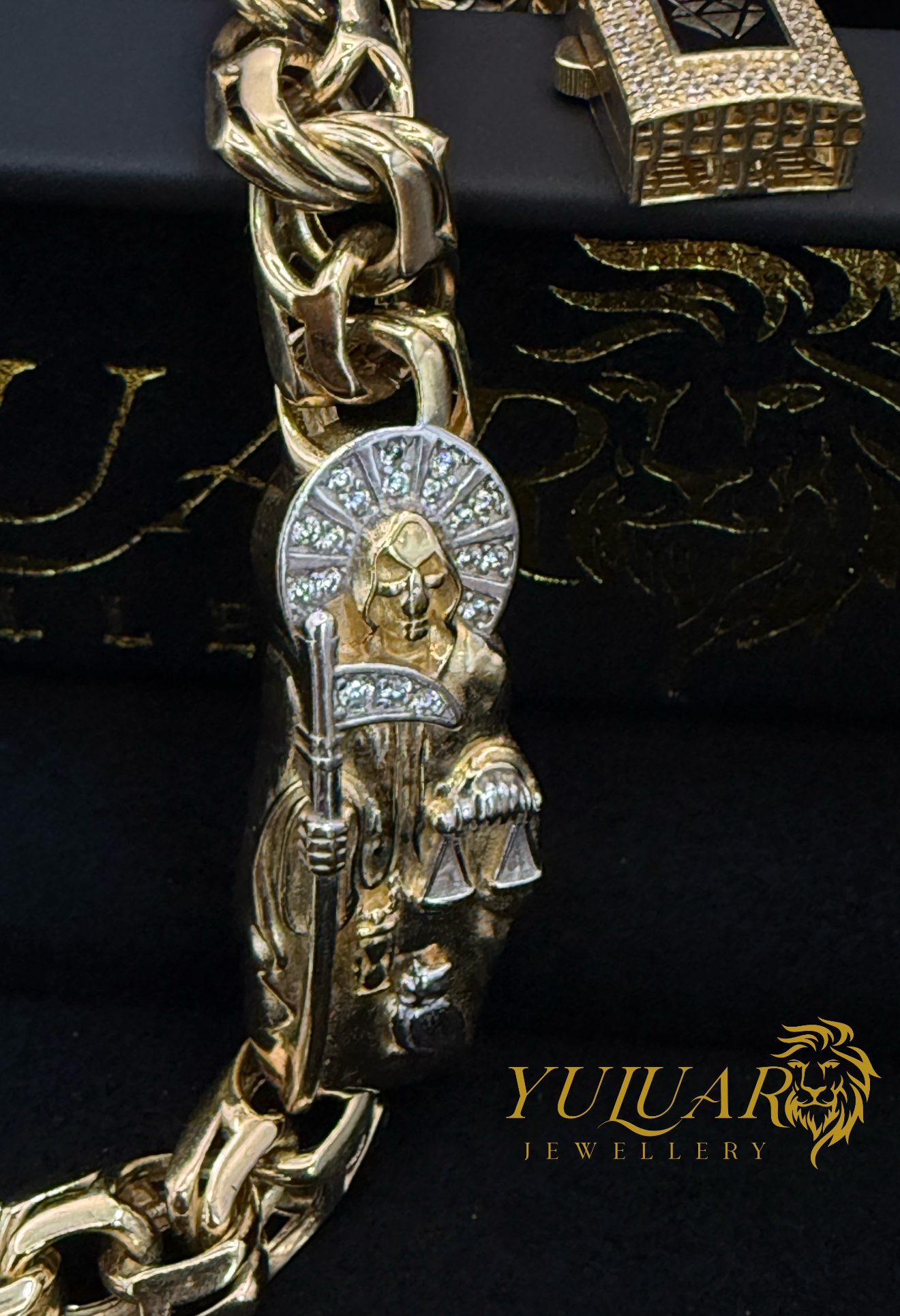 Men's 14K Chino Link Santa Muerte Bracelet