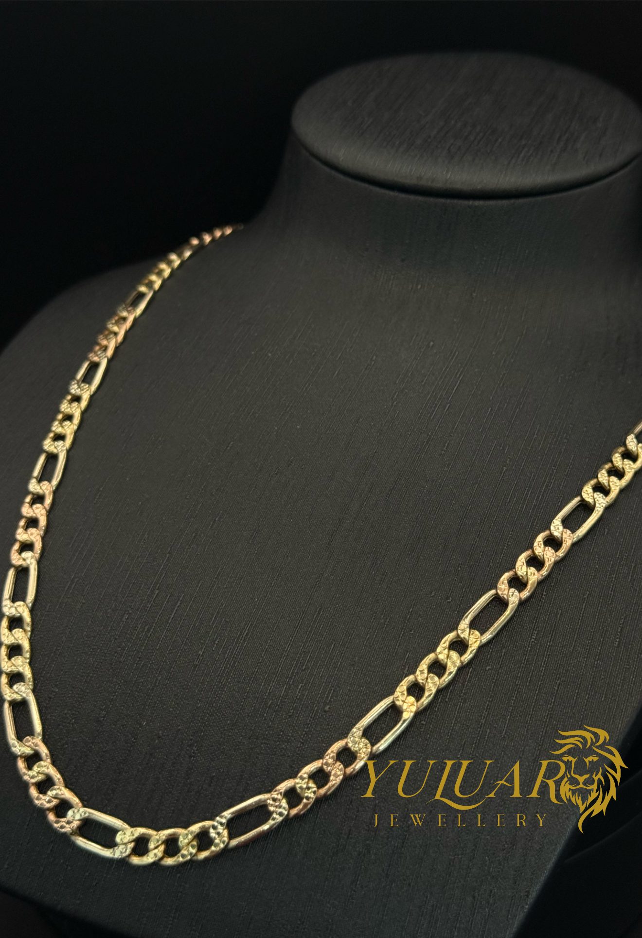 14K FIGARO SEMI-SOLID CHAIN 3-TONES DIAMOND-CUT
