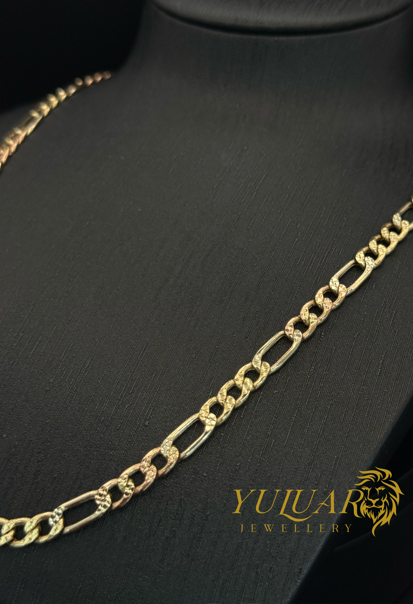 14K FIGARO SEMI-SOLID CHAIN 3-TONES DIAMOND-CUT