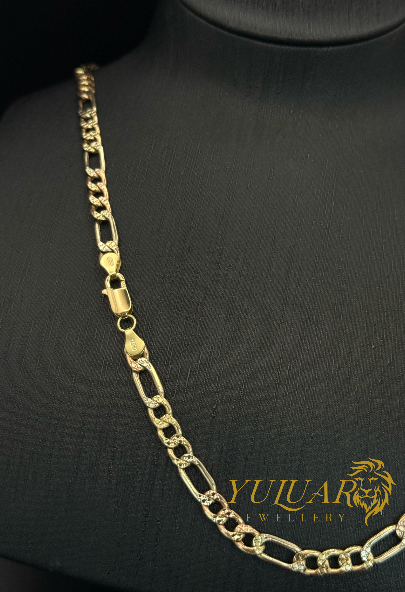 14K FIGARO SEMI-SOLID CHAIN 3-TONES DIAMOND-CUT