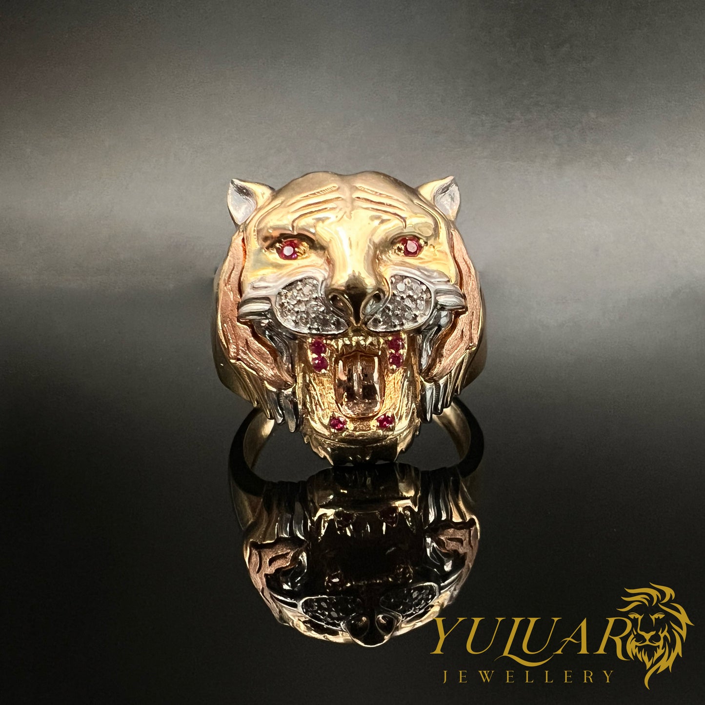 14K Men's Lion Ring CZ