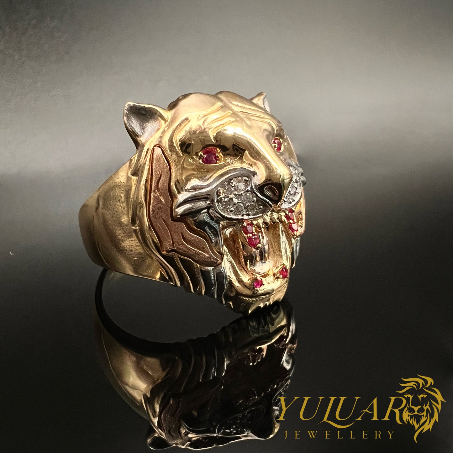 14K Men's Lion Ring CZ