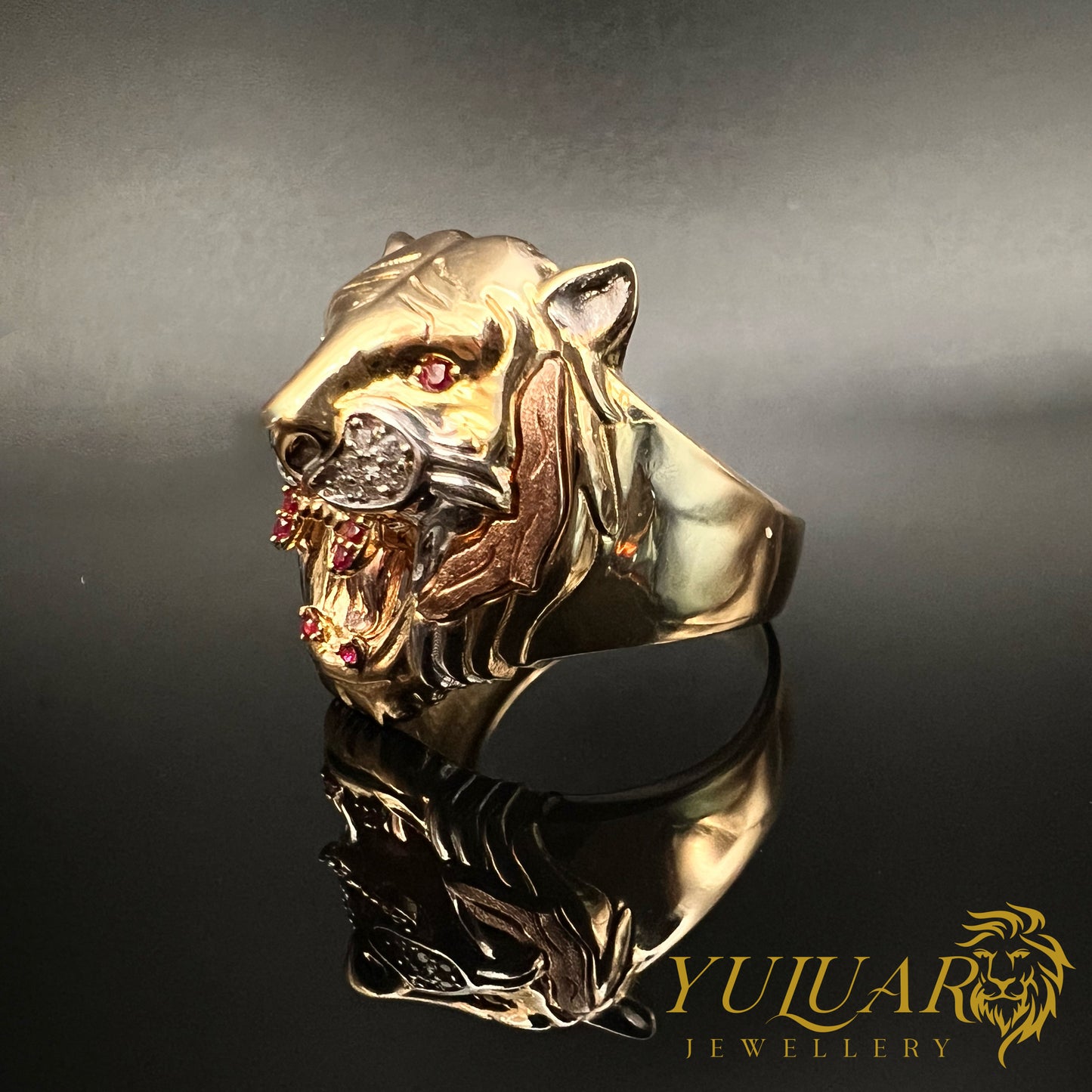 14K Men's Lion Ring CZ