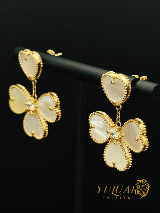 14K Gold Earrings with Natural Mother of Pearl – Heart Clover Design