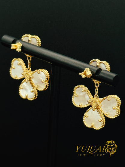 14K Gold Earrings with Natural Mother of Pearl – Heart Clover Design