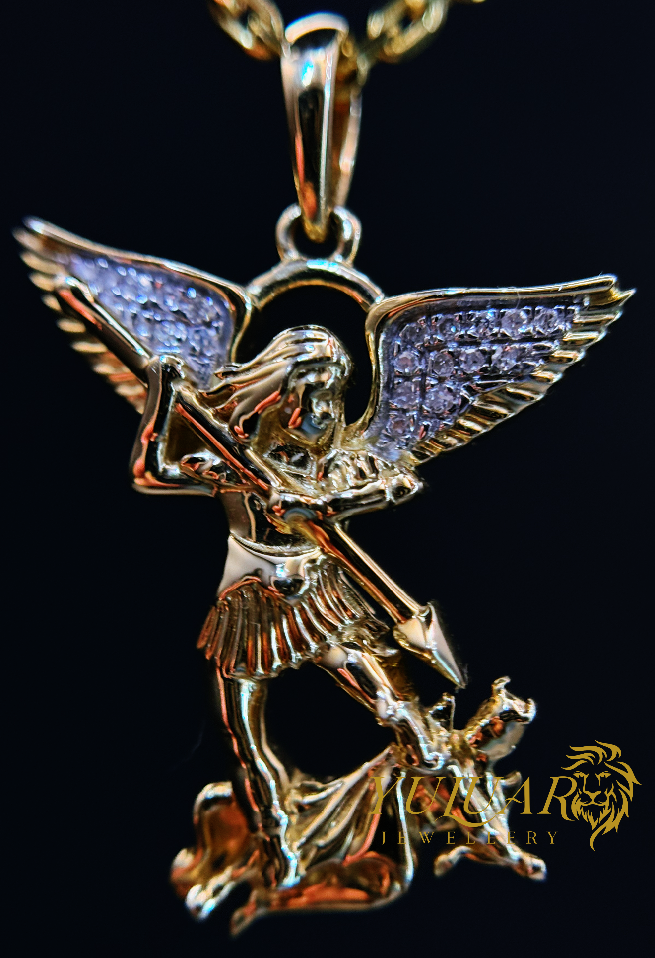 14K ST MICHAEL PENDANT 0.05 CTS NATURAL DIAMOND