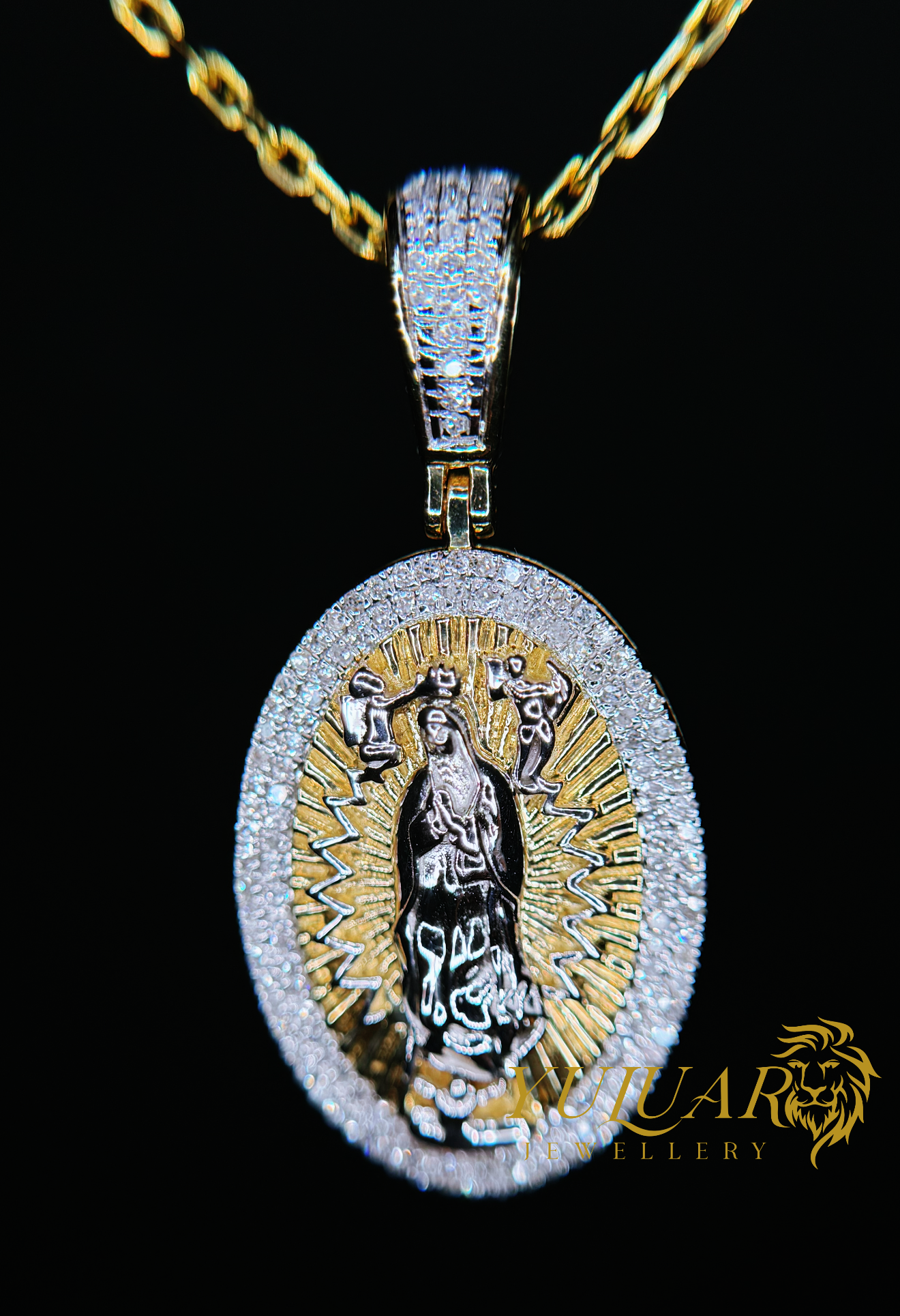 14K VIRGIN MARY O.32 CTS NATURAL DIAMOND PENDANT