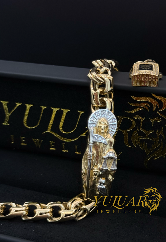 Men's 14K Chino Link Santa Muerte Bracelet