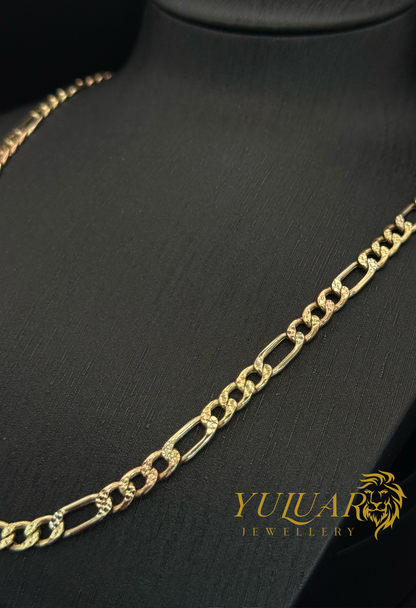 14K FIGARO SEMI-SOLID CHAIN 3-TONES DIAMOND-CUT