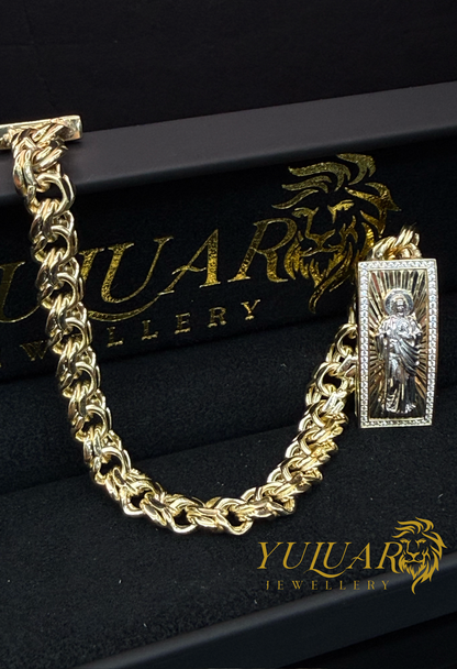 14K CHINO LINK ST JUDE BOX LOCK BRACELET 9MM
