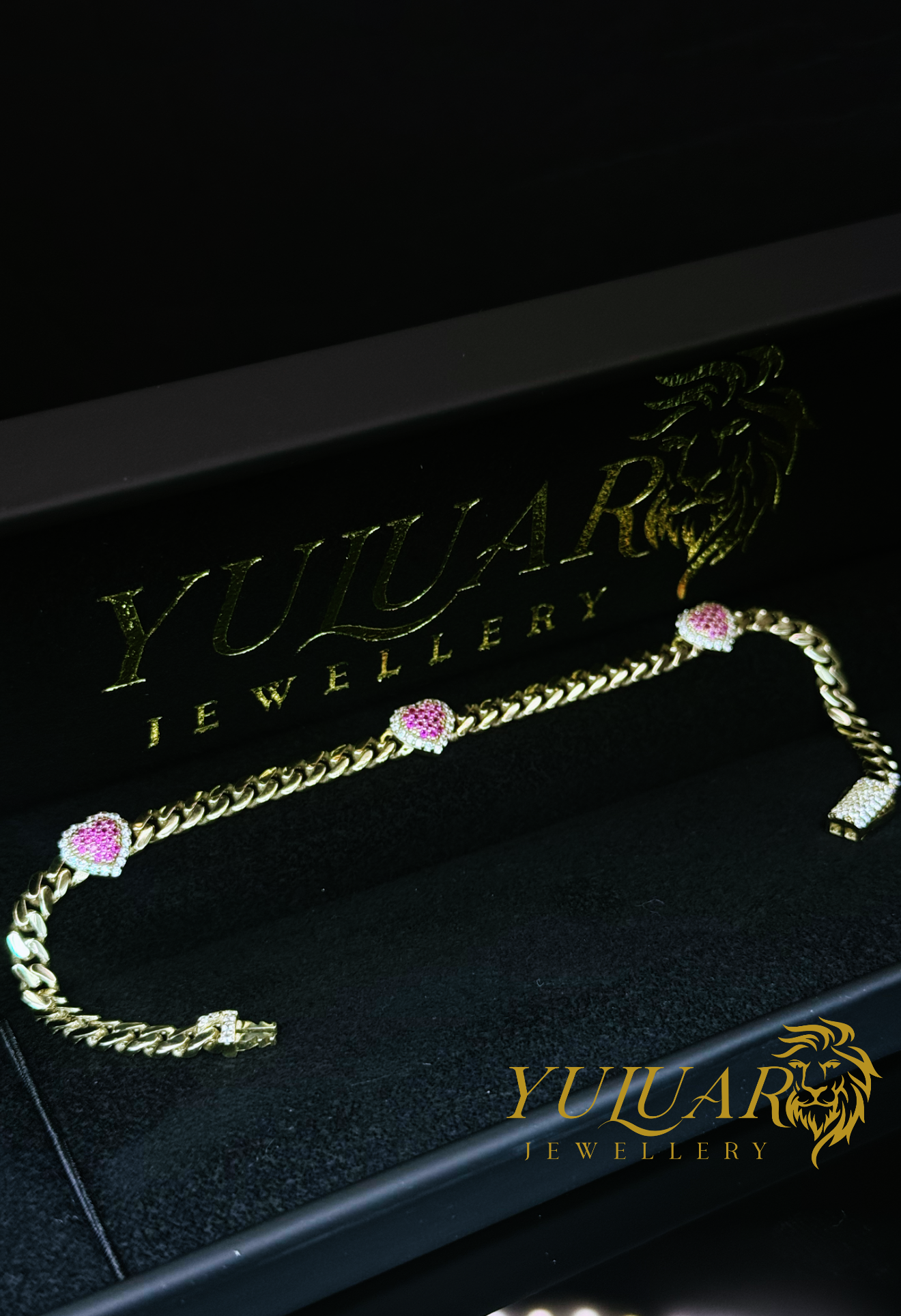 14K PINK HEART MONACO LINK BRACELET CZ 4MM