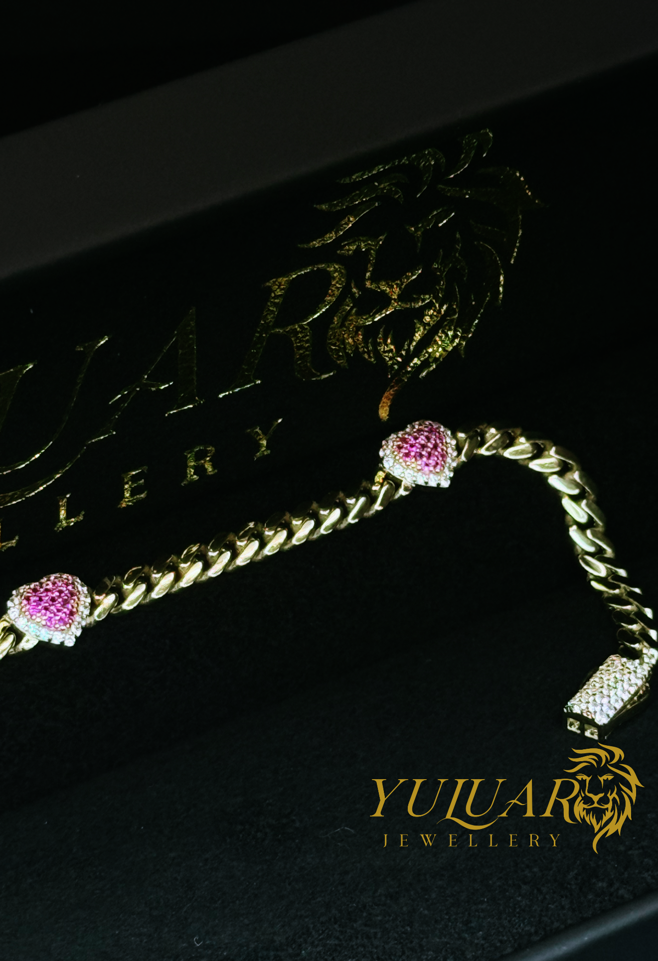 14K PINK HEART MONACO LINK BRACELET CZ 4MM