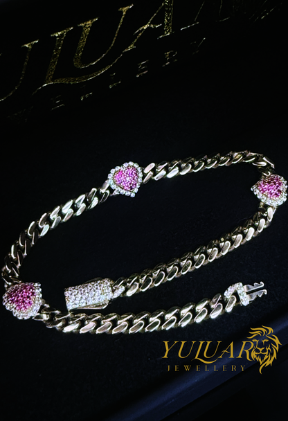 14K PINK HEART MONACO LINK BRACELET CZ 4MM
