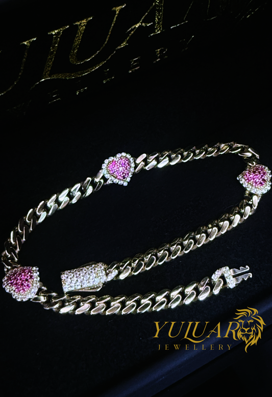 14K PINK HEART MONACO LINK BRACELET CZ 4MM