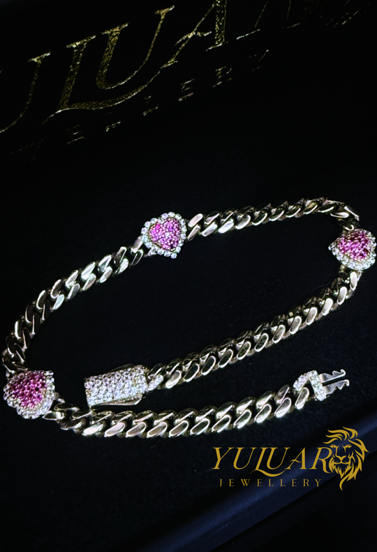 14K PINK HEART MONACO LINK BRACELET CZ 4MM