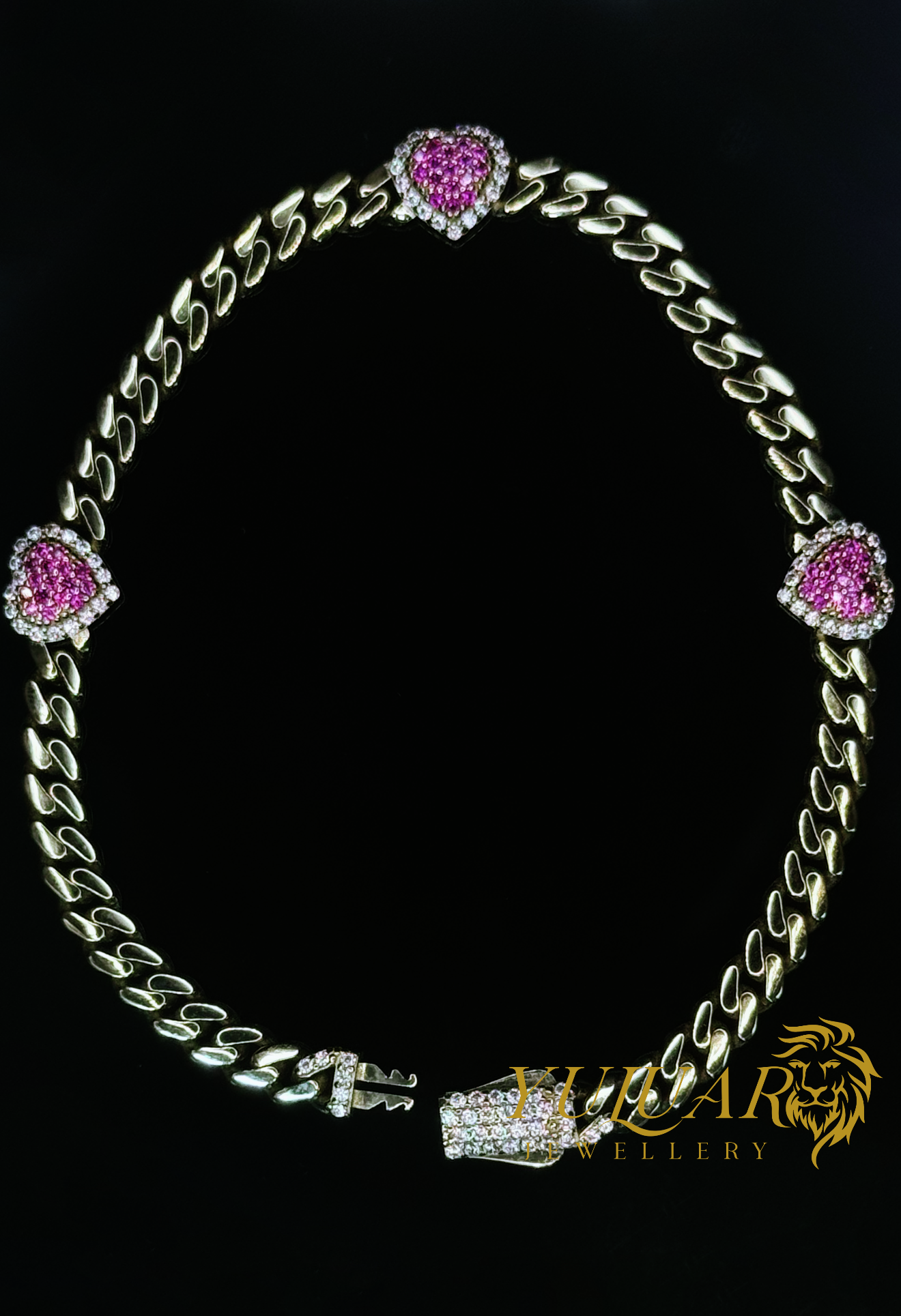 14K PINK HEART MONACO LINK BRACELET CZ 4MM