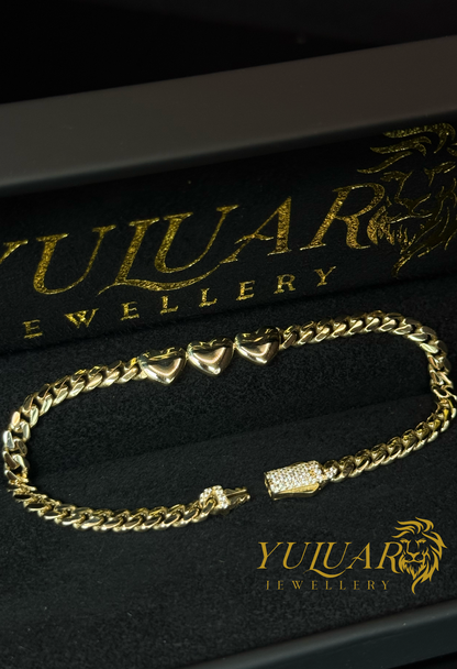 14K PUFF HEART MONACO LINK BRACELET 4MM