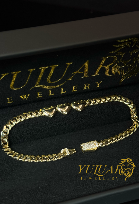 14K PUFF HEART MONACO LINK BRACELET 4MM