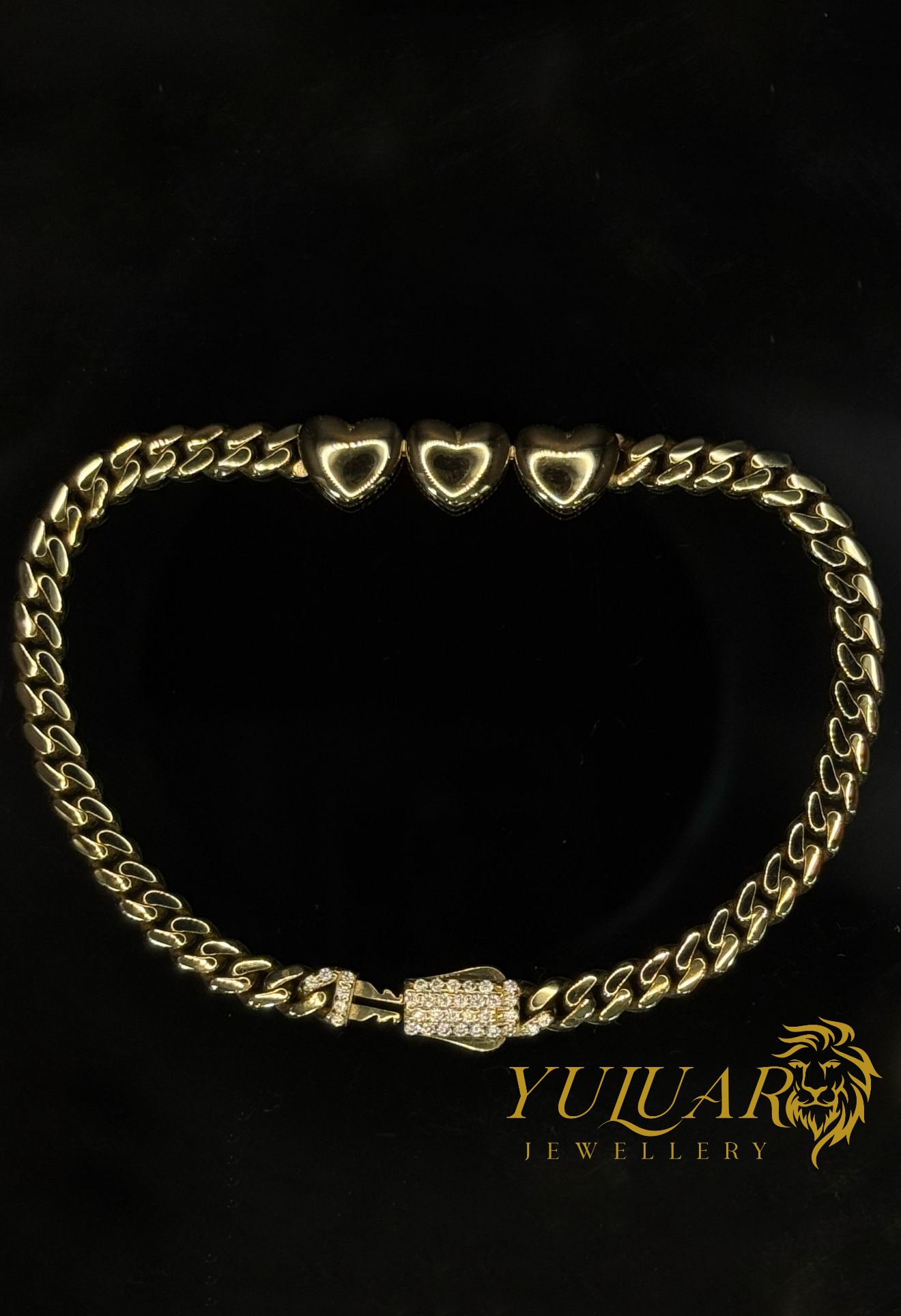 14K PUFF HEART MONACO LINK BRACELET 4MM