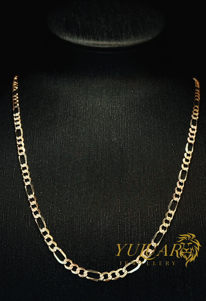 14K TRI-COLOR DIAMOND CUT FIGARO CHAIN
