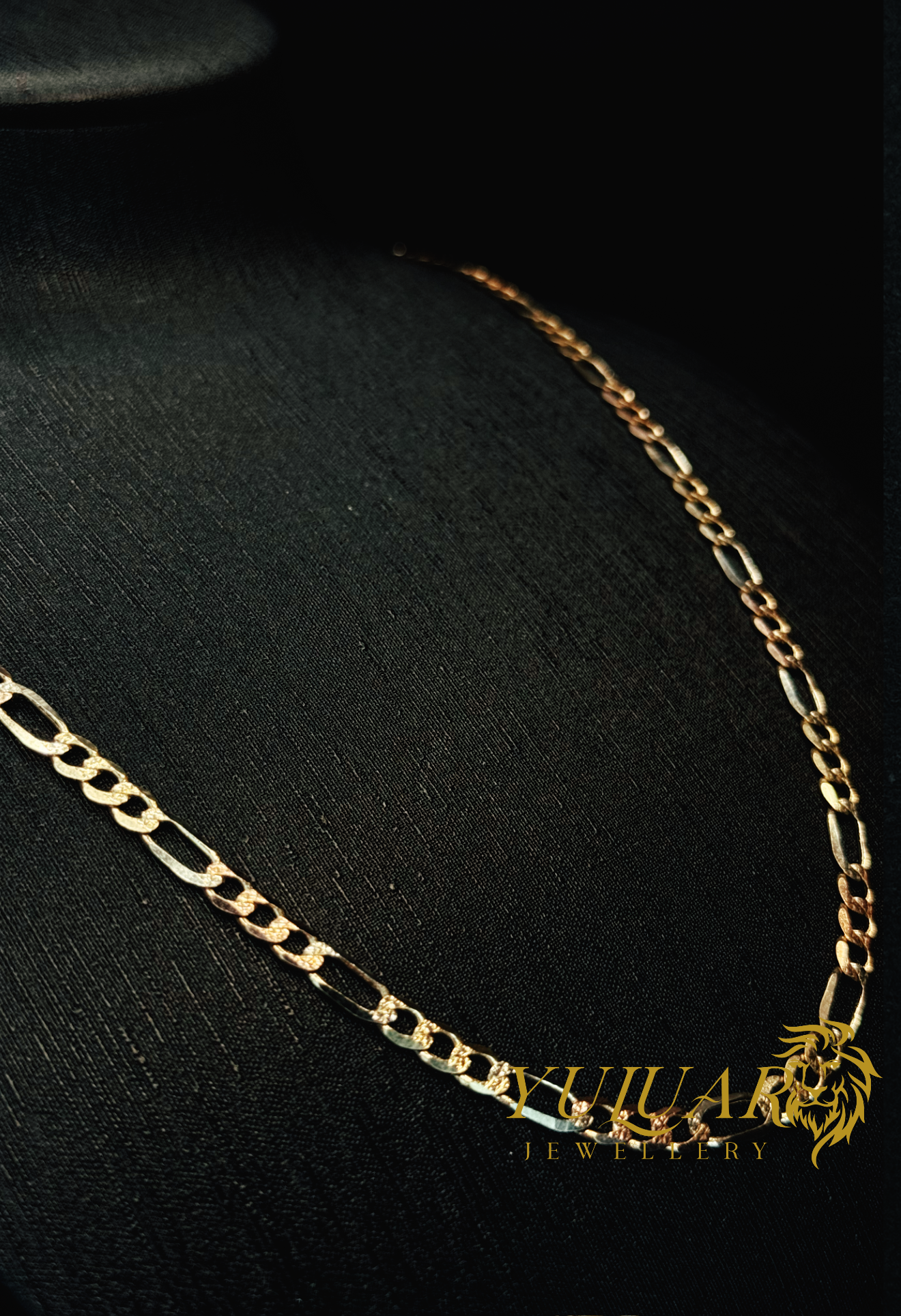 14K TRI-COLOR DIAMOND CUT FIGARO CHAIN
