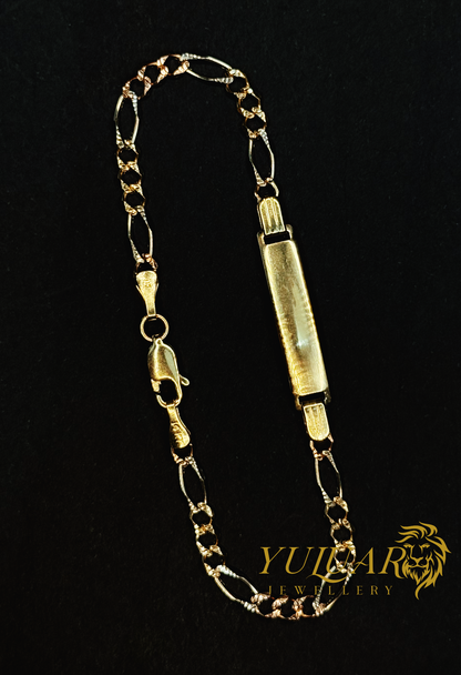 14K BABY FIGARO ID BRACELET TRI-COLOR