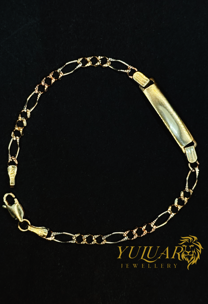 14K BABY FIGARO ID BRACELET TRI-COLOR