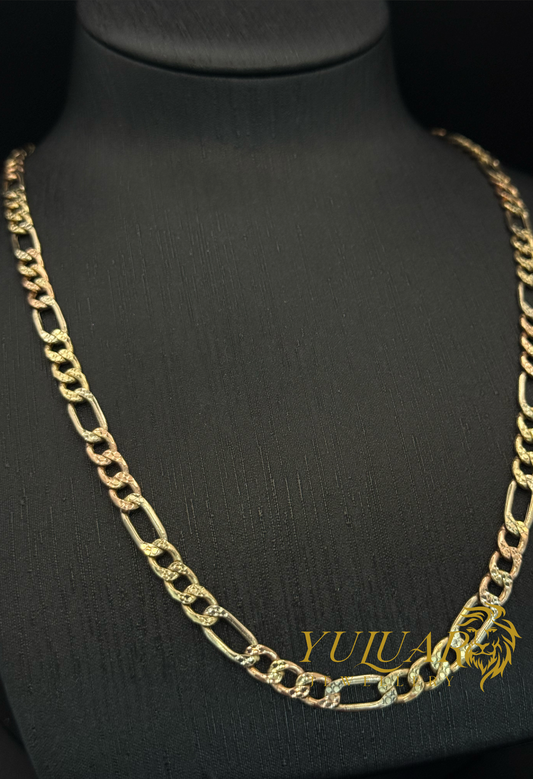 14K FIGARO SEMI-SOLID CHAIN 3-TONES DIAMOND-CUT